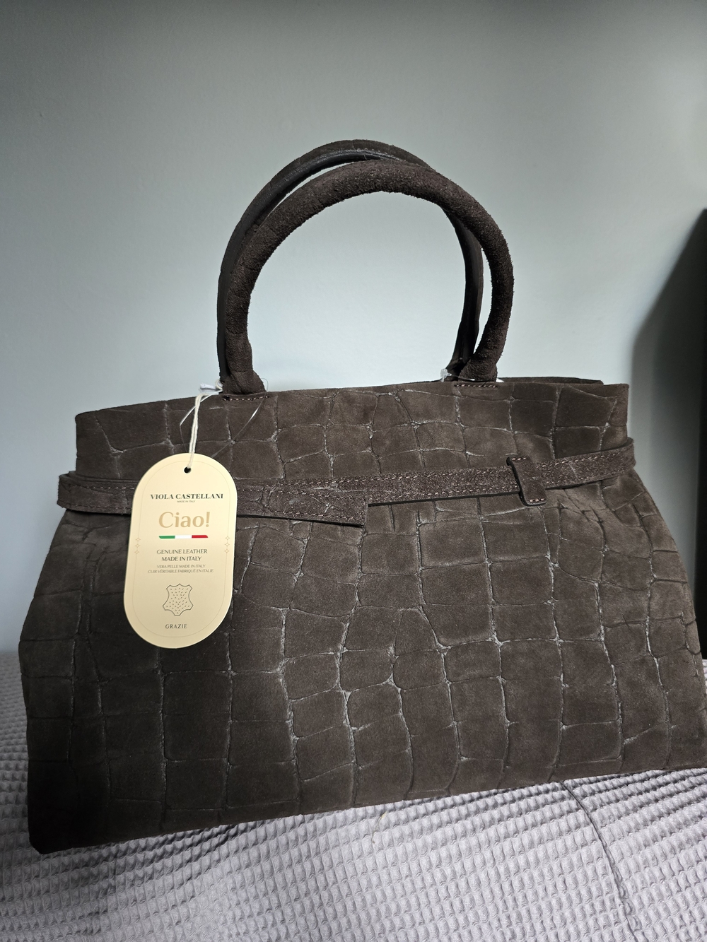 Genuine Leather Croc-Embossed Brown Suede Satchel with Top Handles - Picture 6 of 12
